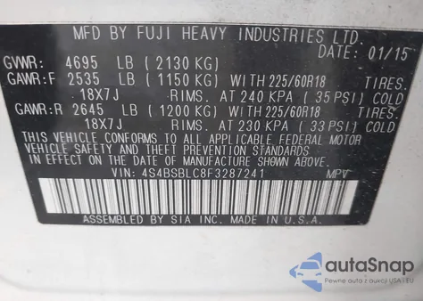 2015 Subaru Outback 2.5I Limited z USA, uszkodzony, nr VIN 4S4BSBLC8F3287241